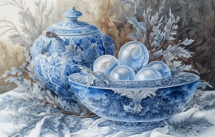 a painting of a blue bowl with eggs in it