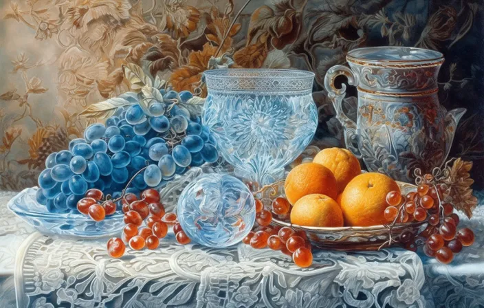 a painting of oranges and grapes on a table