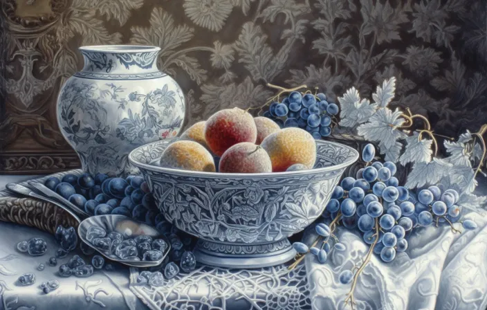 a painting of a bowl of fruit on a table