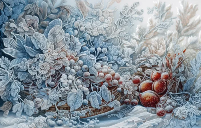 a painting of flowers and berries in the snow