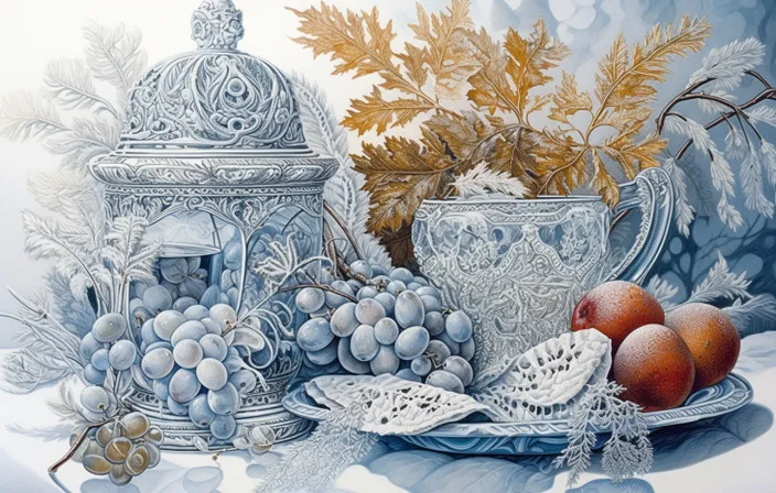 a painting of fruit and a teapot on a table