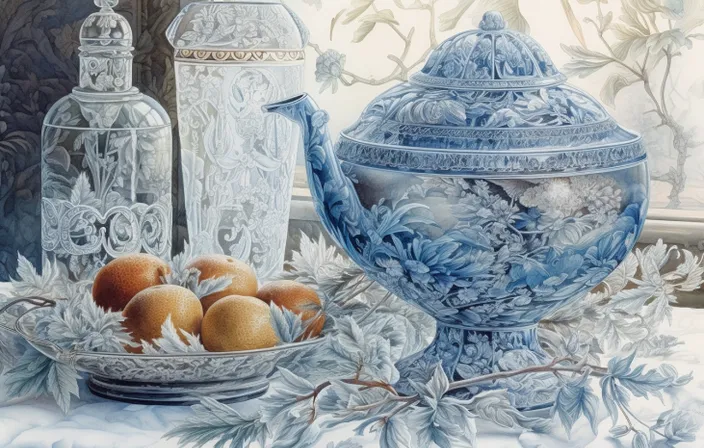 a painting of a blue teapot and a bowl of oranges