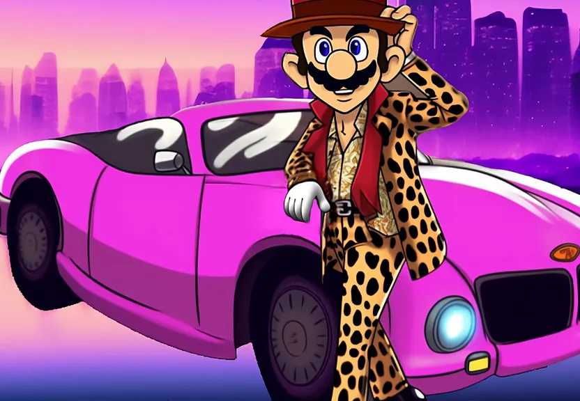 A fictional cartoon version of Mario dressed in pimp clothing style. He's standing in front of a flashy sports car, sporting a leopard print coat with a matching fedora. His gloves have been replaced with black leather ones, and he's wearing a thick gold chain around his neck. Mario's overalls have been replaced with a shiny magenta suit with a zebra print lapel, and he's sporting a pair of bright red dress shoes. In the background, you see a city street at night, illuminated by neon lights and towering skyscrapers. The air is thick with the scent of perfume and cigar smoke, and the sound of jazz music fills the air. / The artwork is in a pixel art style, with each character and object represented in a blocky, 8-bit fashion. The colors are limited to green and black, with Mario's clothing and accessories appearing as simple geometric shapes. The overall aesthetic is reminiscent of old-school arcade games, with a playful and upbeat mood