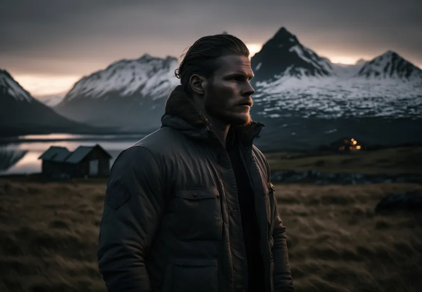 a man standing in a field with mountains in the background