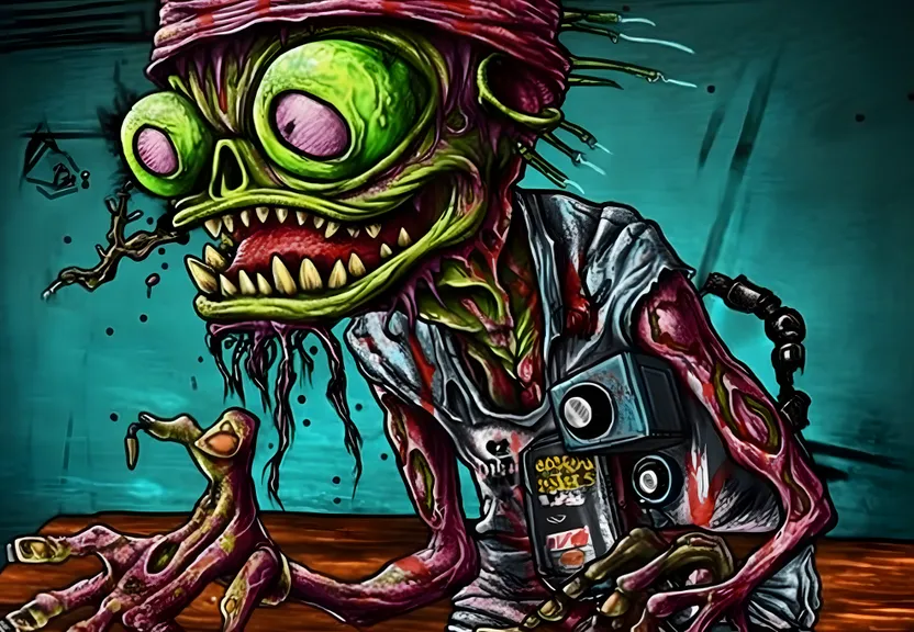 a painting of a zombie with a camera