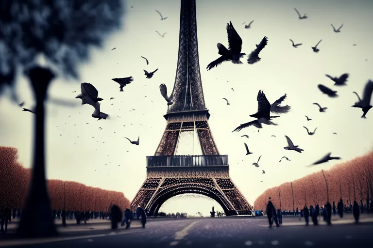 a group of birds flying around the eiffel tower