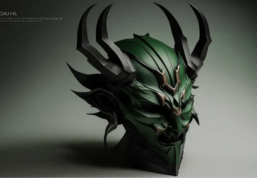 a green mask with black horns on it