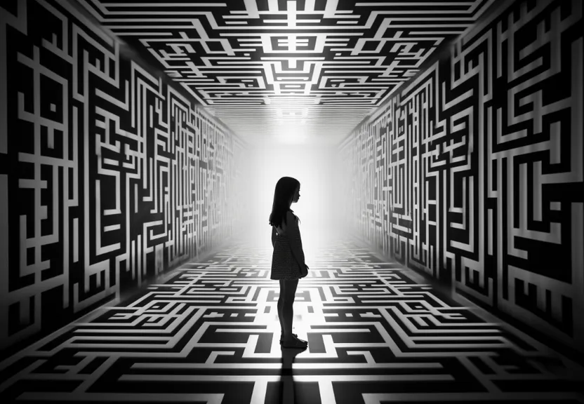 a woman standing in a maze with a light at the end