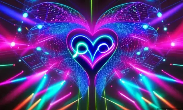 a heart with wings and lights in the background