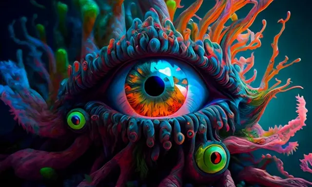 a close up of an eye surrounded by corals