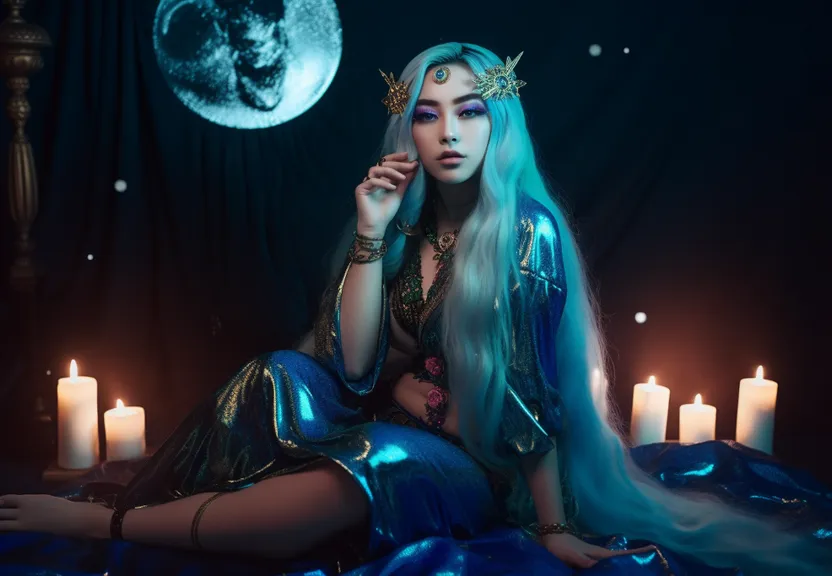 a woman with long blue hair sitting on a bed