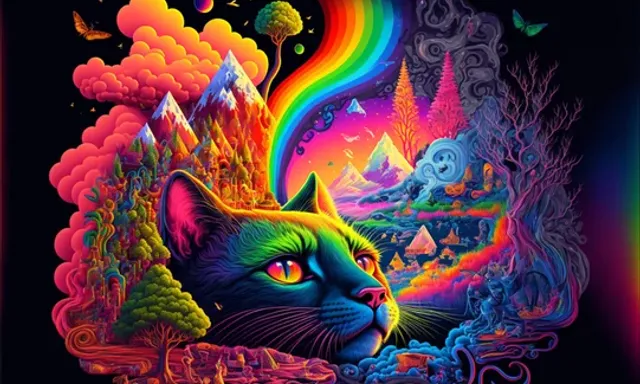 a painting of a cat with a rainbow background