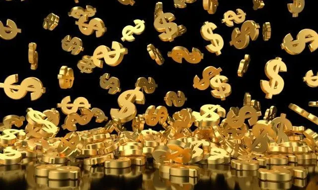 a lot of money and golden dollar signs with sparkling light. agregar dinero y moendas de oro con brillo luminoso