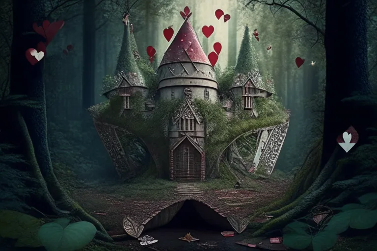 a painting of a castle in the middle of a forest