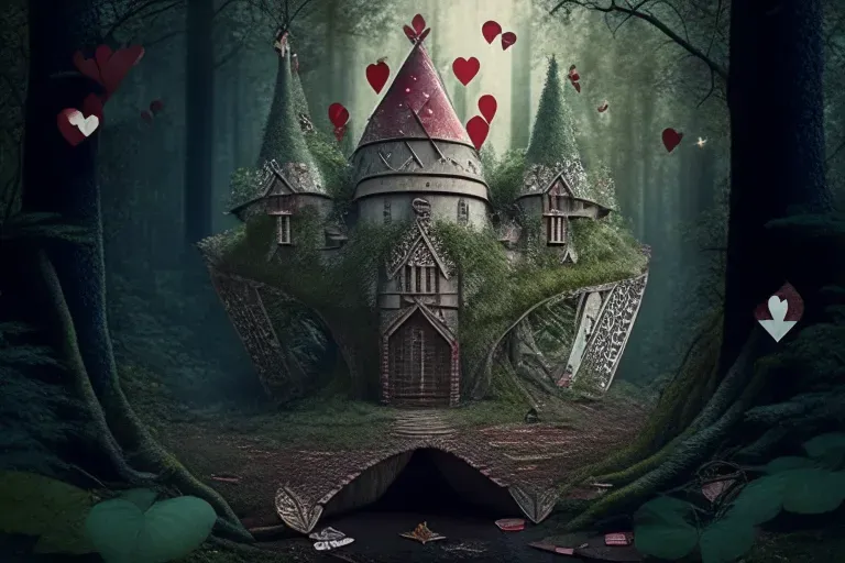 a painting of a castle in the middle of a forest