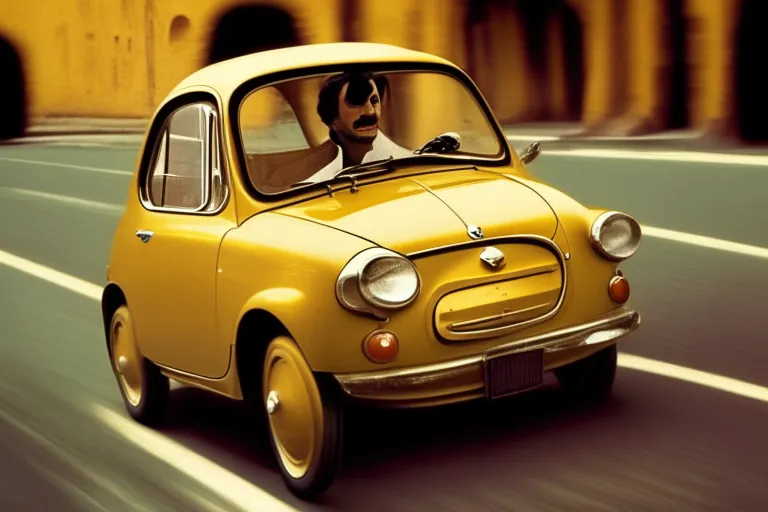 A man drives a small yellow car down a street. The convertible in the opposite direction is a nice touch. add a small yellow convertible driving in the opposite direction