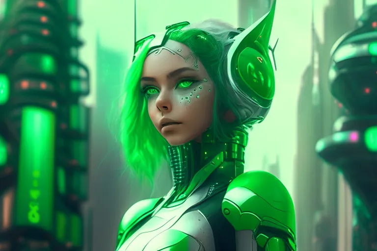 a woman with green hair in a futuristic city