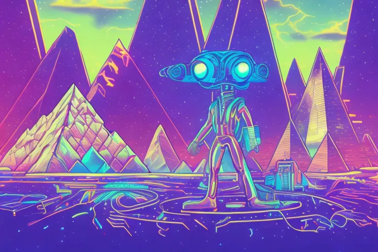 a robot standing in front of mountains and pyramids