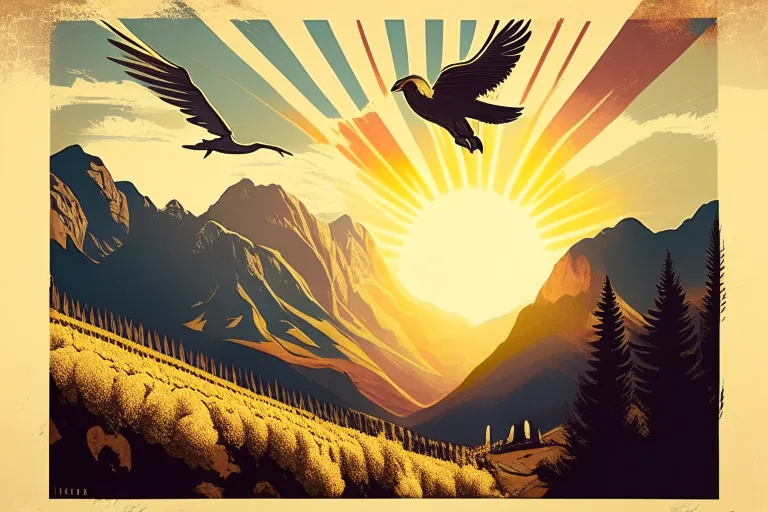 a painting of two birds flying over a mountain range