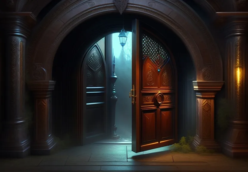 a dark hallway with a large wooden door