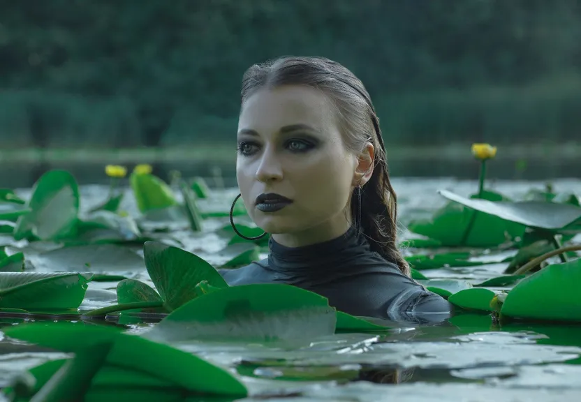 a woman in a body of water surrounded by green leaves
