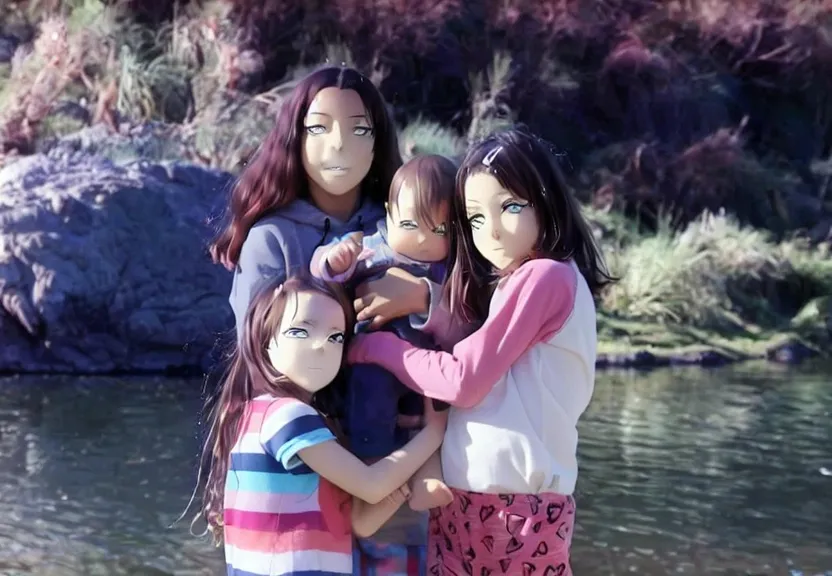 a group of dolls standing next to each other near a body of water