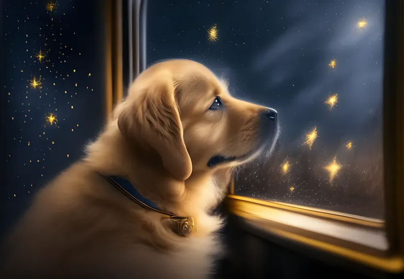 a dog looking out a window at the stars