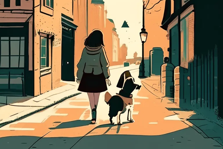 a woman walking a dog down a street