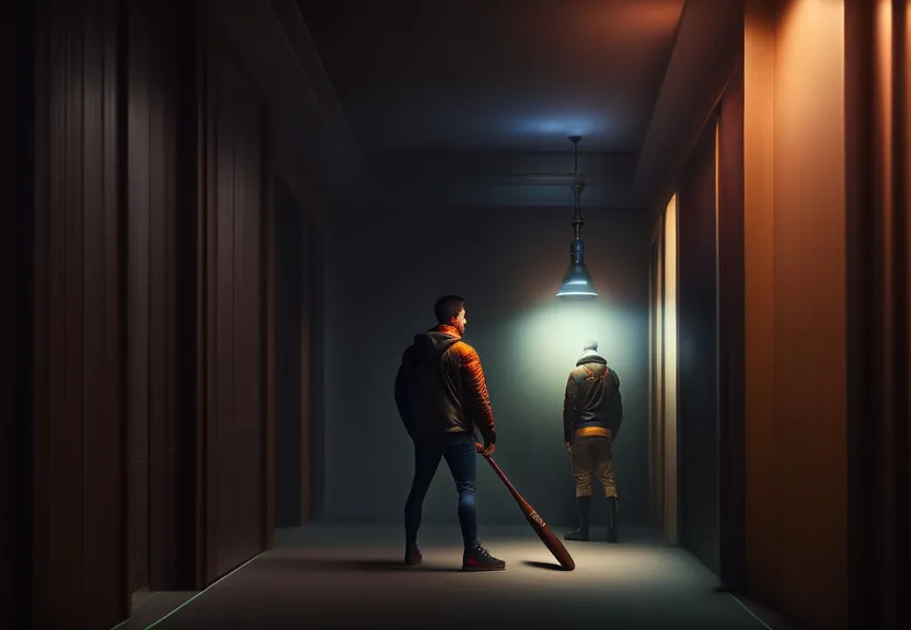 a man holding a baseball bat in a dark hallway