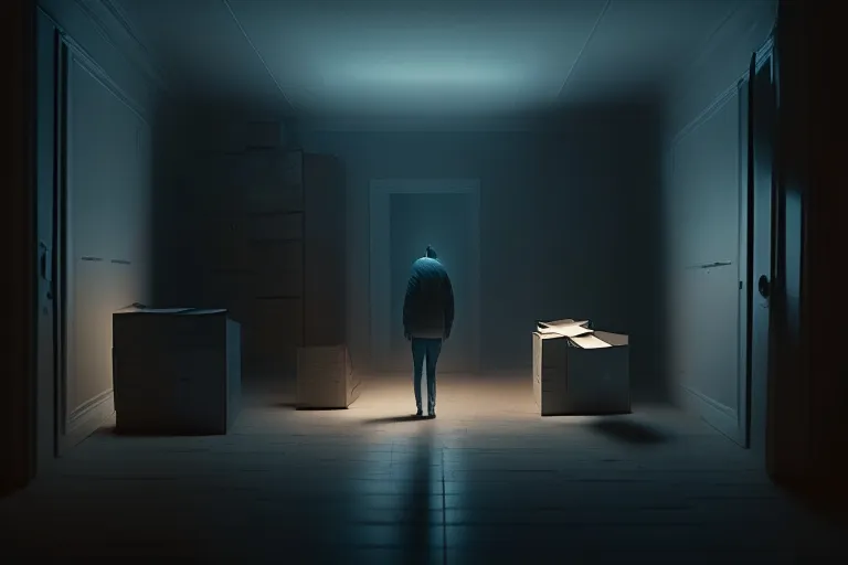 a person standing in a dark room with boxes