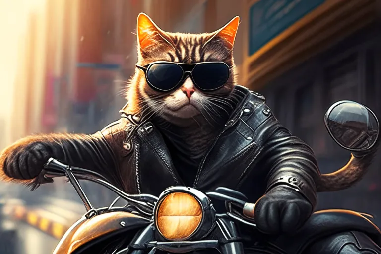 a cat wearing sunglasses and a leather jacket on a motorcycle