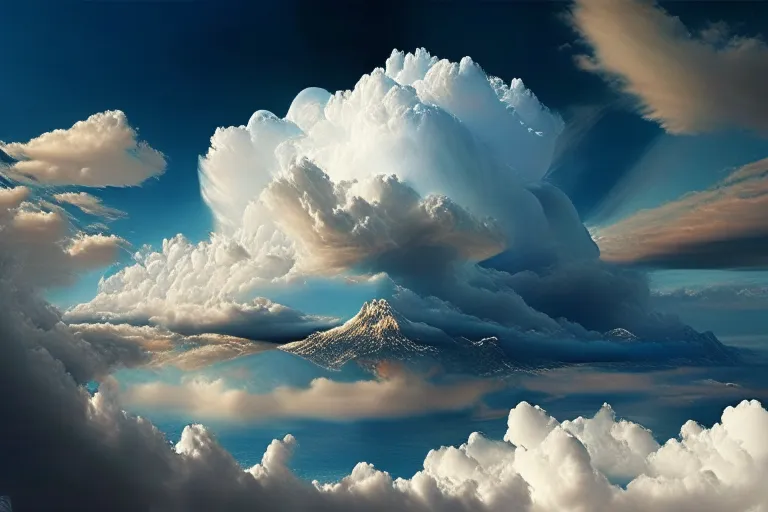 a painting of a mountain surrounded by clouds