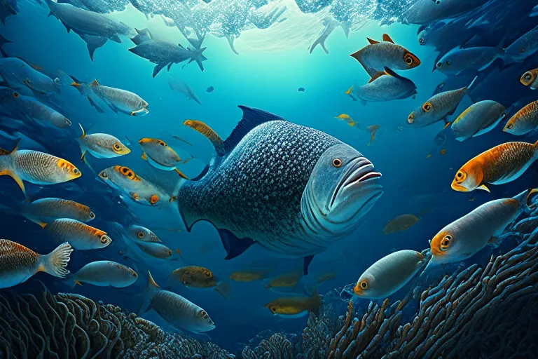 a painting of a school of fish swimming in the ocean