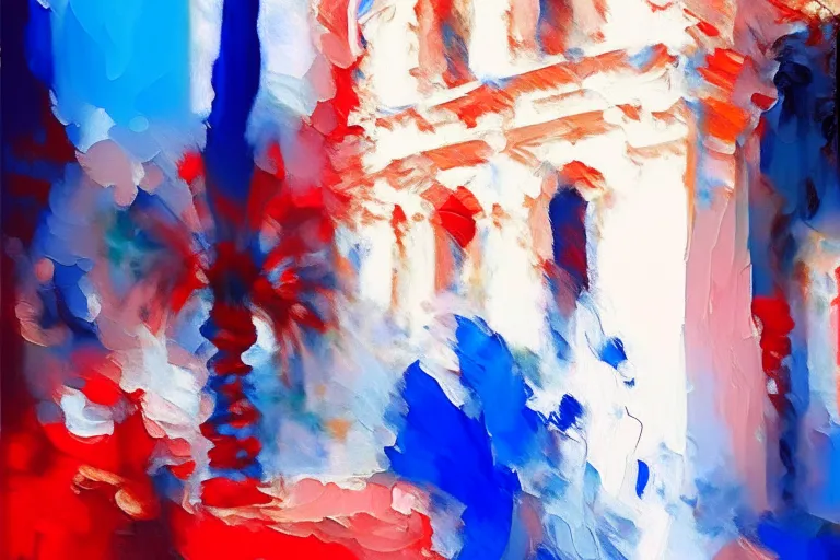 a painting of a building with red, white and blue colors