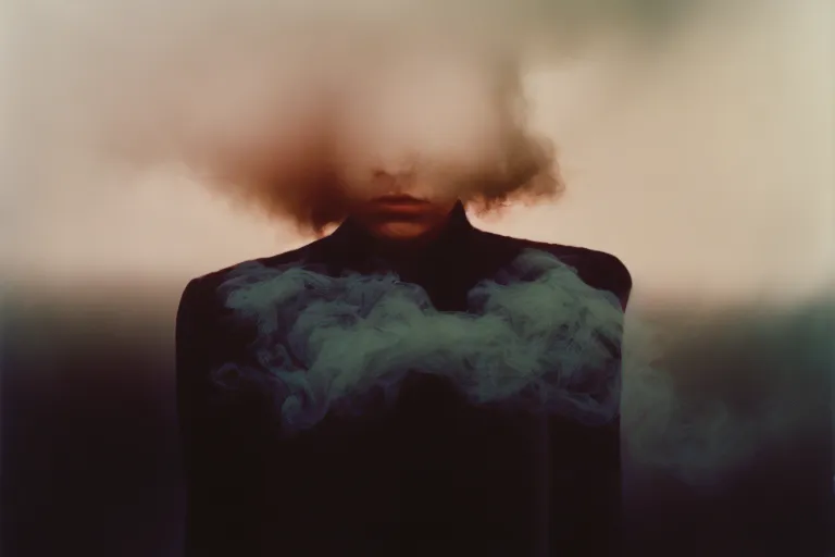 a woman with smoke coming out of her face