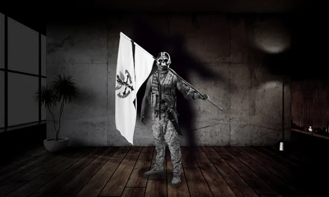 a zombie soldier standing in a scary dark empty room waving a flag