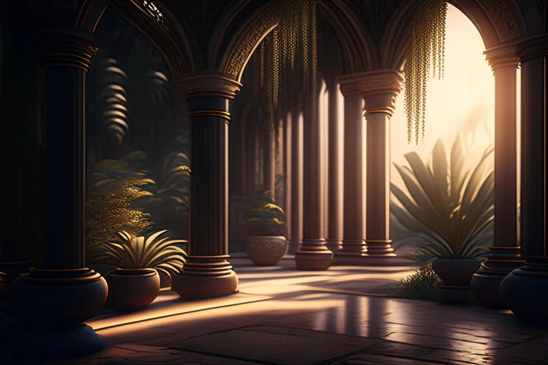 a painting of a room with columns and potted plants