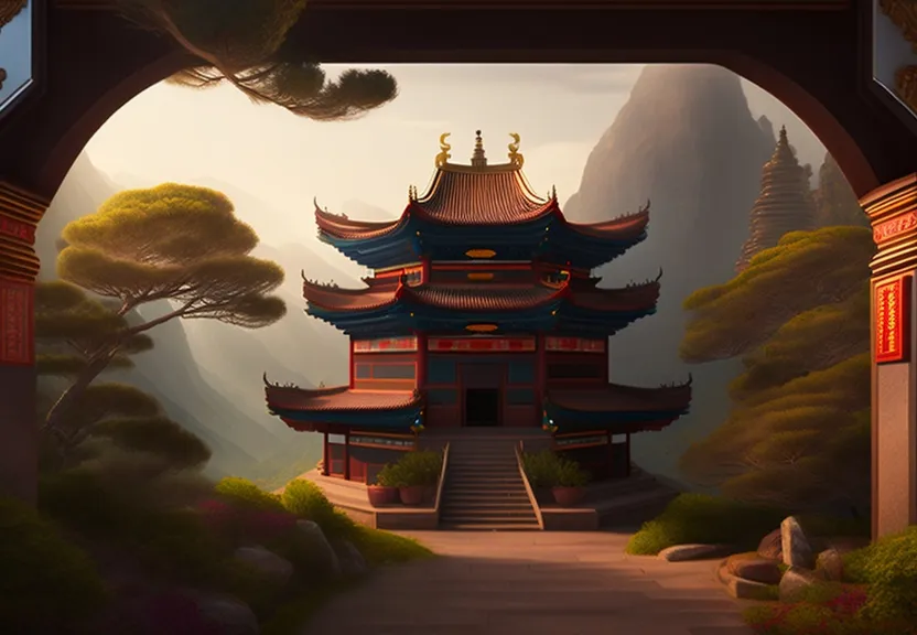 a painting of a chinese building in the middle of a forest