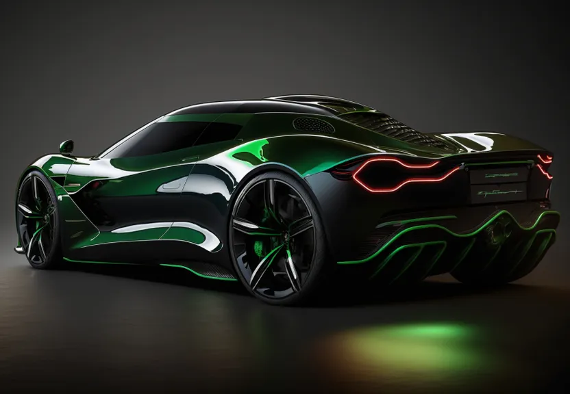 a green and black sports car on a dark background, neon green features oscillate through the car, the car's headlights are turned off to create a dark and mysterious feel. a green and black sports car on a dark background, neon green features oscillate through the car