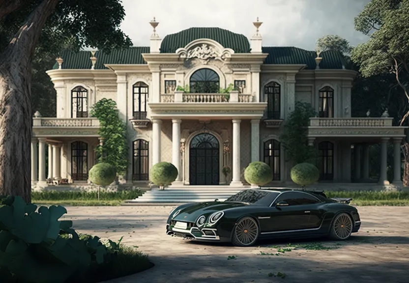 a black car parked in front of a large house that morphs into a luxury home in the style of a Black Mirror episode. a black car parked in front of a large house that morphs into luxury houses