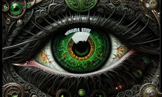 a close up of a green eye with ornate designs