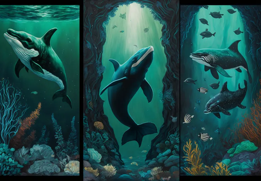 three paintings of dolphins swimming in the ocean