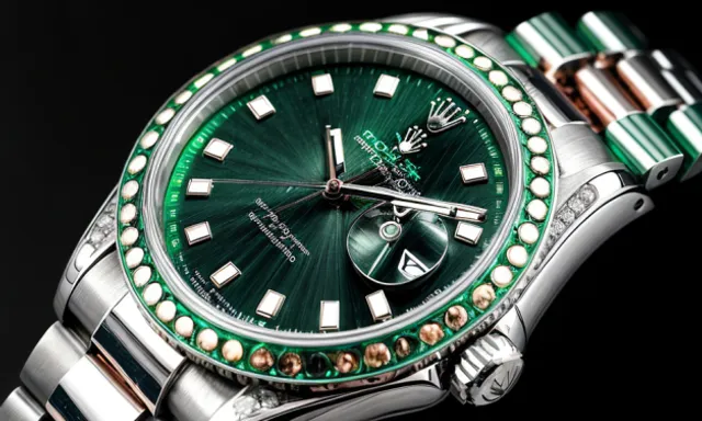 a rolex watch with a green and white dial, the dial transforms, moving it's minute and hour markers around wildly. a rolex watch with a green and white dial, the dial transforms moving it's minute and hour markers around wildly