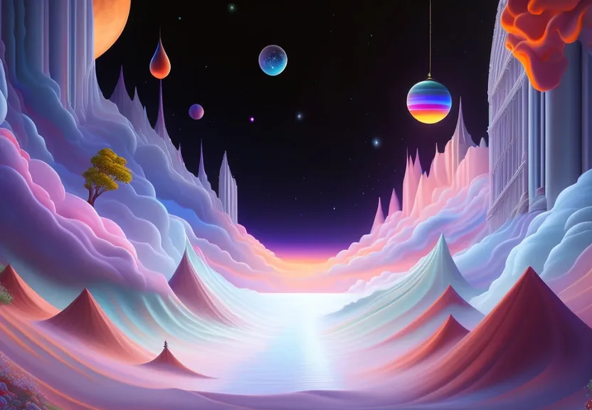 a painting of a landscape with mountains and planets