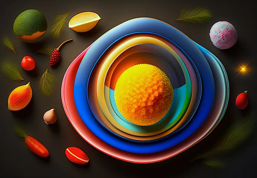 a set of colorful plates with a yellow ball on top of them