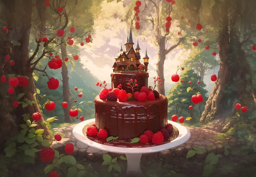 a painting of a chocolate cake with raspberries on top