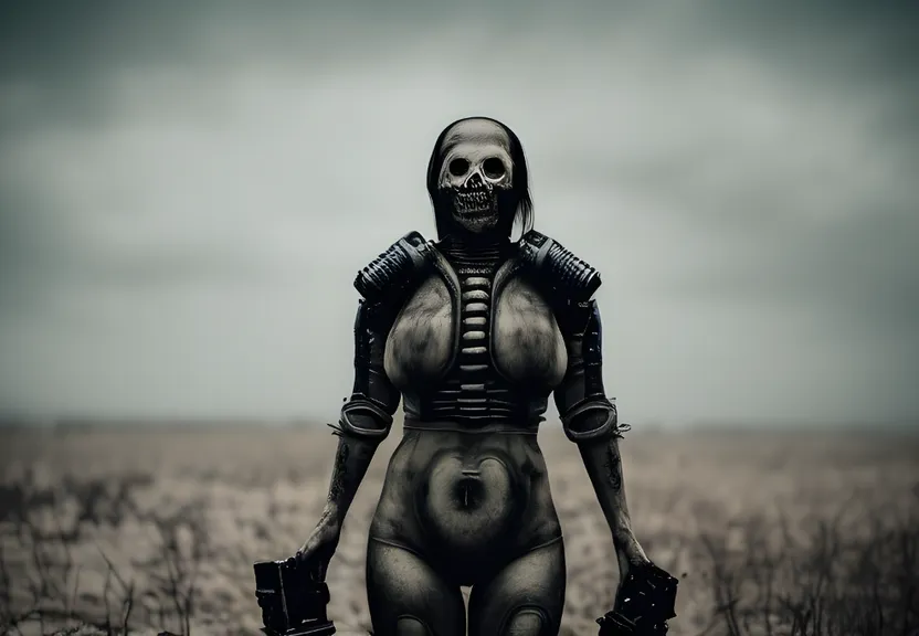 a woman in a skeleton costume standing in a field with the grass waving in the wind