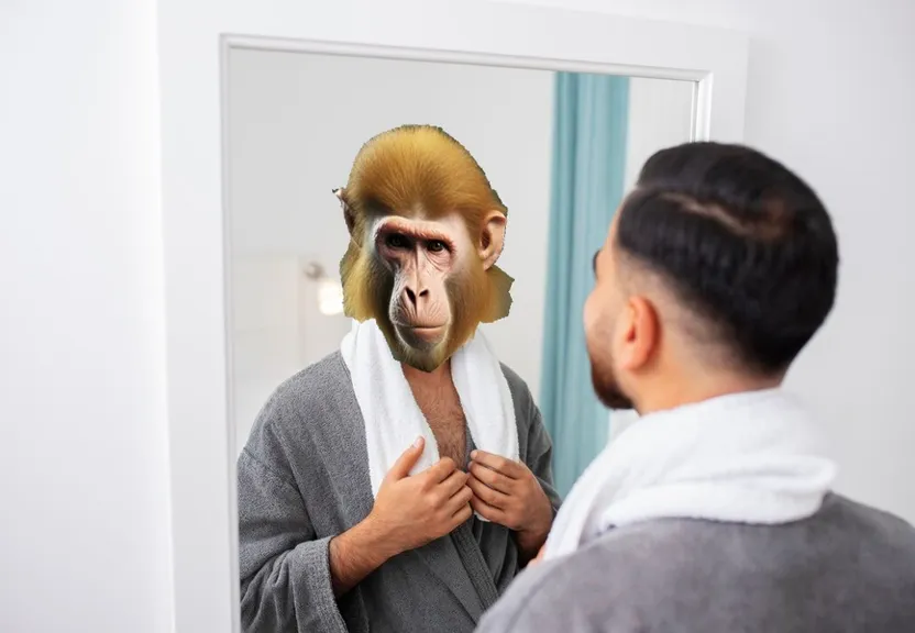 a man looking at a monkey in a mirror