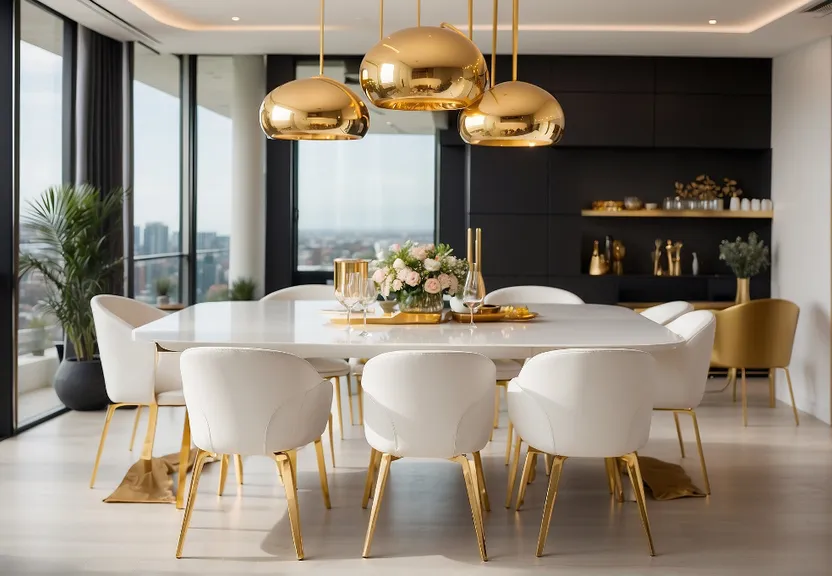 a dining room with a large table and chairs