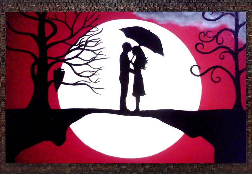 a painting of a couple kissing under an umbrella